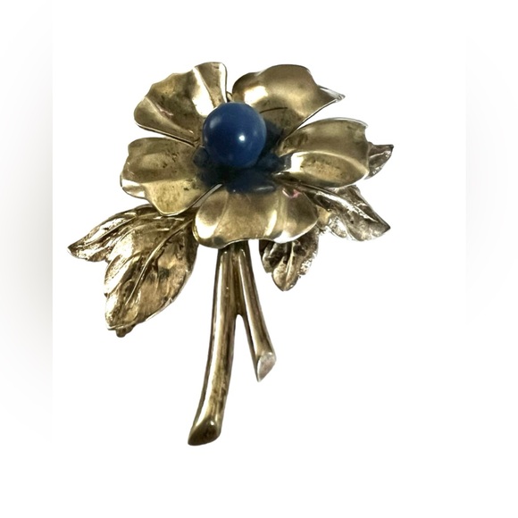 Vintage Signed Taylord Blue Star Sterling Silver & Sapphire Flower Brooch - Picture 2 of 6